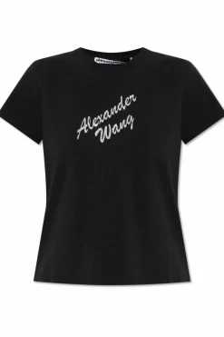 Alexander Wang CZARNY T-shirt z logo wykończonym połyskującymi aplikacjami