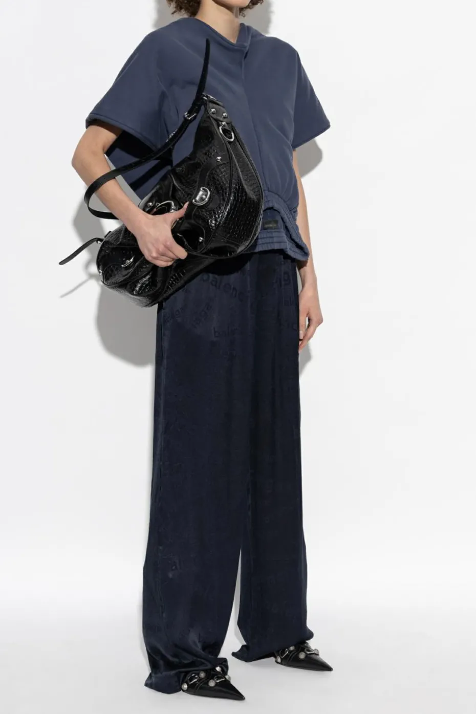 Balenciaga GRANATOWY Jedwabne spodnie z monogramem