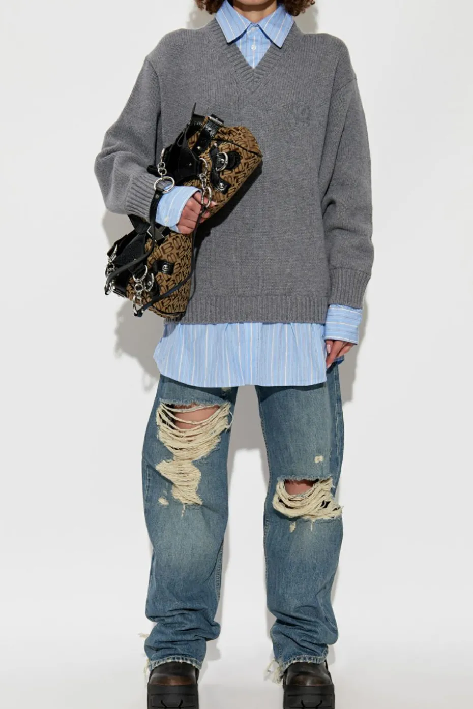 Balenciaga SZARY Sweter z motywem koszuli