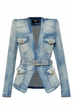 Balmain NIEBIESKI Kurtka jeansowa z paskiem