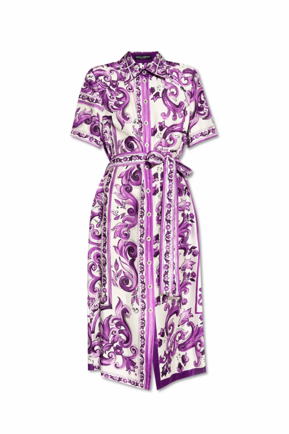Dolce & Gabbana FIOLETOWY Jedwabna sukienka z nadrukiem `Majolica`
