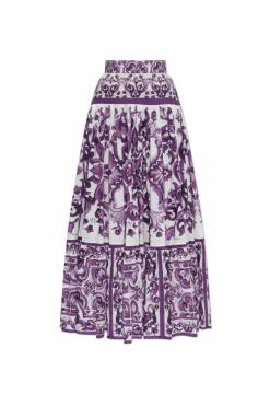 Dolce & Gabbana FIOLETOWY Bawełniana spódnica z nadrukiem `Majolica`
