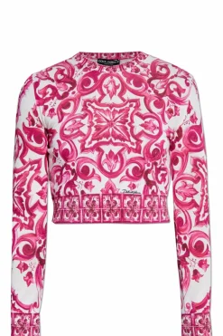 Dolce & Gabbana RÓŻOWY Krótki sweter ze wzorem `Majolica`