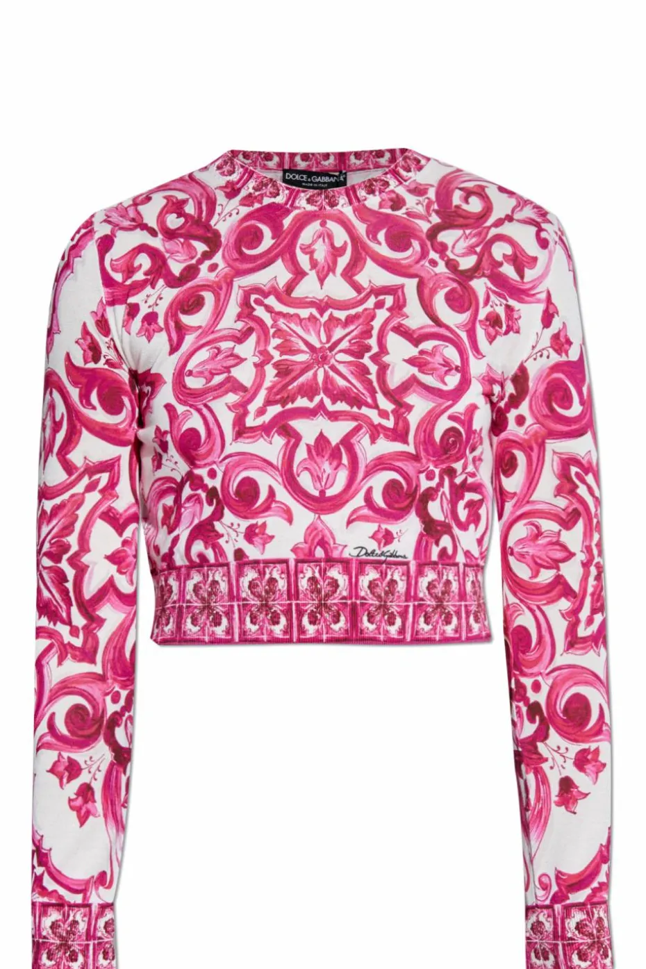 Dolce & Gabbana RÓŻOWY Krótki sweter ze wzorem `Majolica`