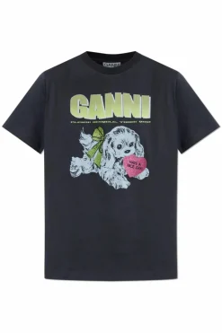 Ganni SZARY T-shirt z kolorowym nadrukiem