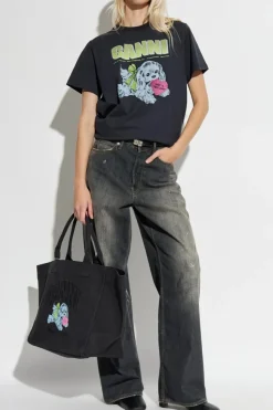 Ganni SZARY T-shirt z kolorowym nadrukiem