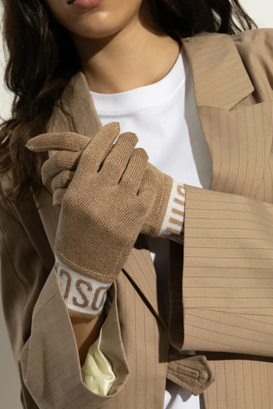 Moschino beżowy Rękawice z lureksową nicią