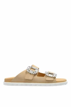 Roger Vivier beżowy Zamszowe klapki z połyskującymi aplikacjami