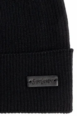 Saint Laurent CZARNY Wełniana czapka z naszywką z logo