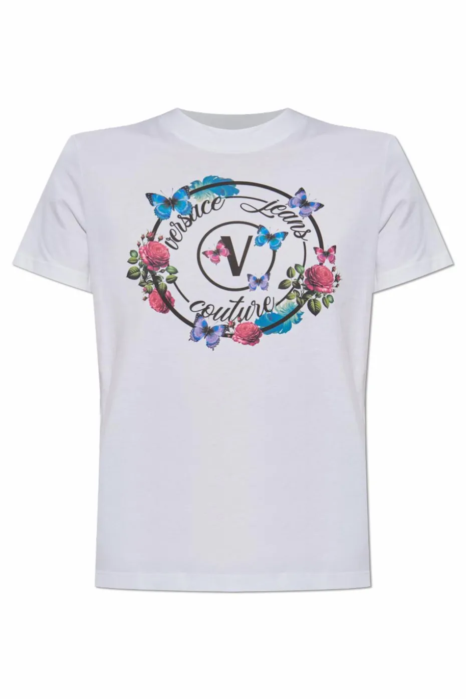 Versace Jeans Couture BIAŁY T-shirt z kolorowym nadrukiem