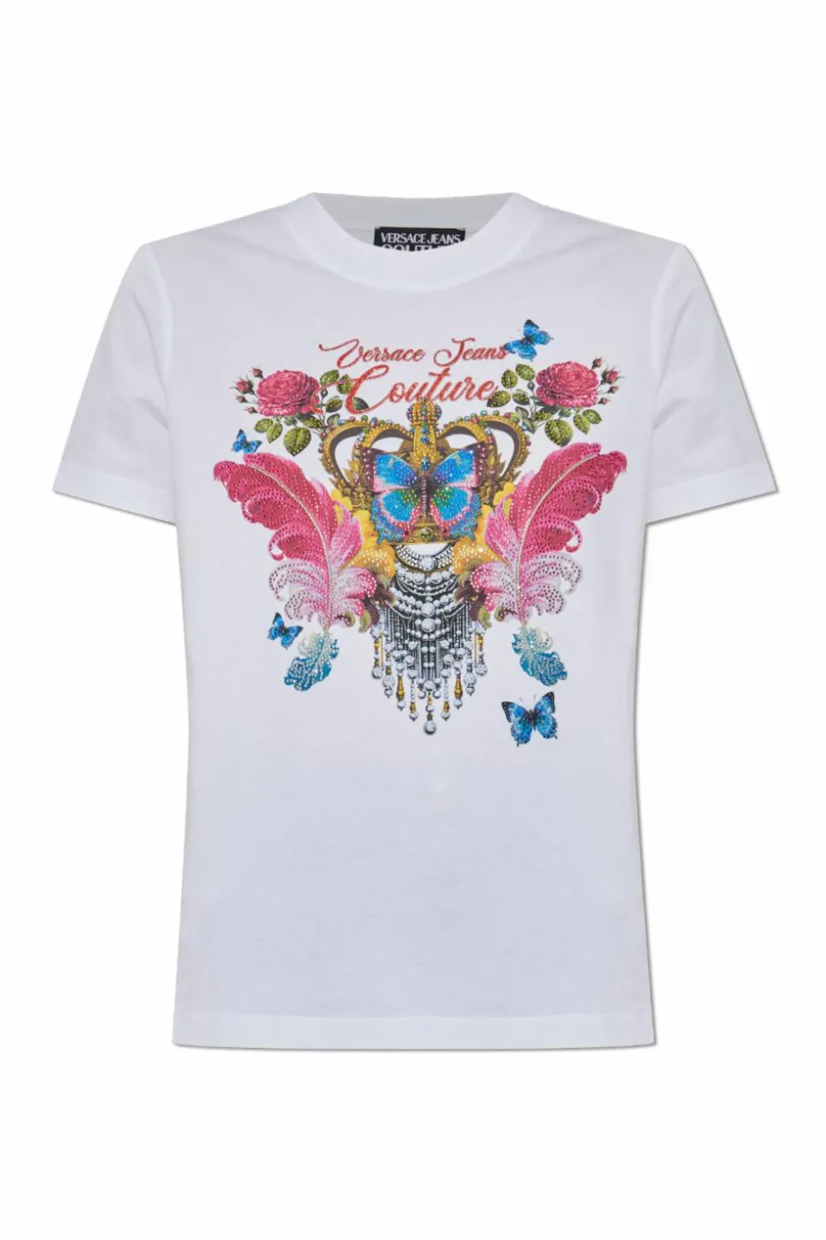 Versace Jeans Couture BIAŁY T-shirt z nadrukiem i połyskującymi aplikacjami