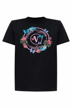 Versace Jeans Couture CZARNY T-shirt z kolorowym nadrukiem