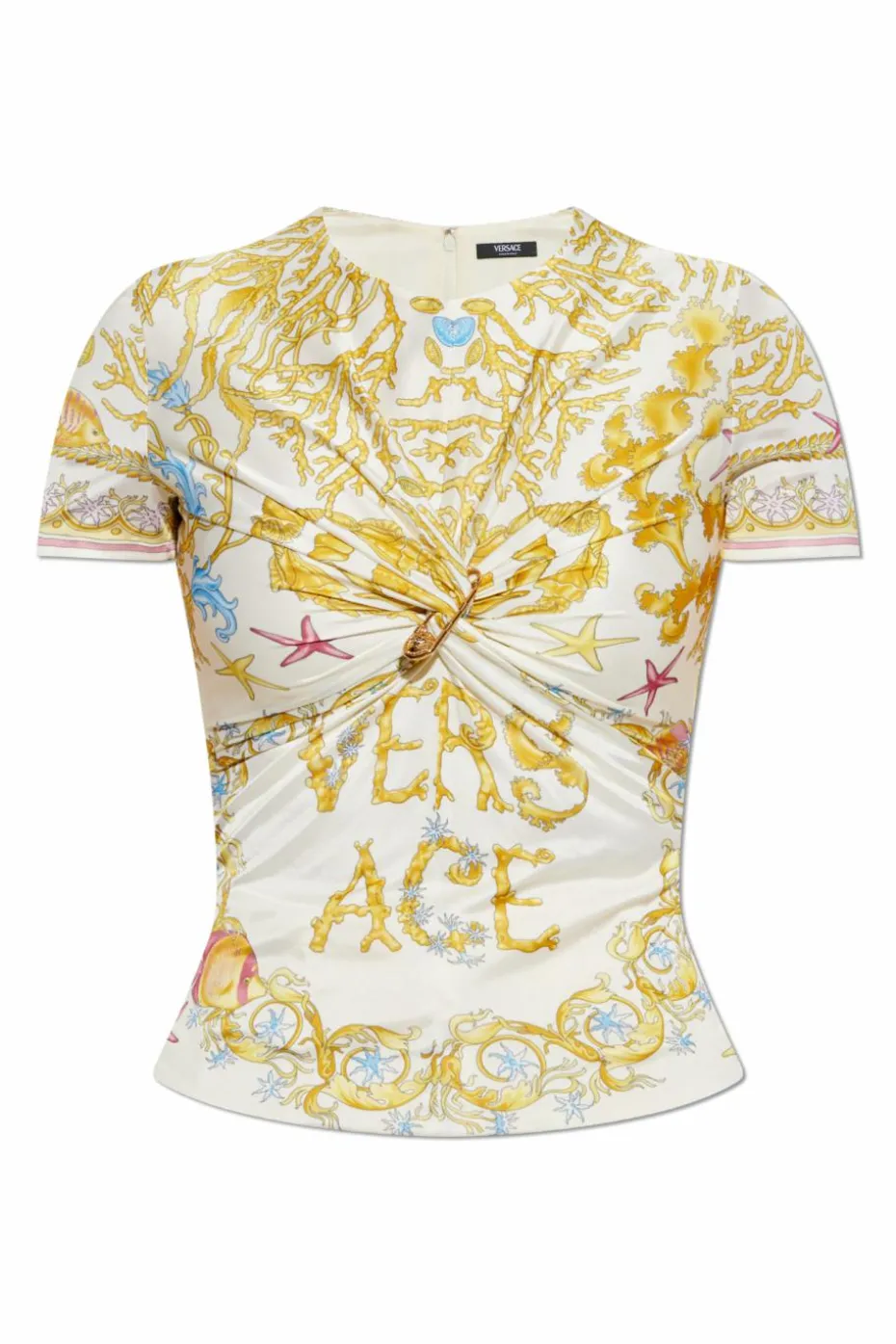 Versace kremowy Top z dekoracyjnym drapowaniem i agrawką