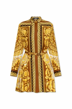 Versace ŻÓŁTY Jedwabna sukienka z paskiem
