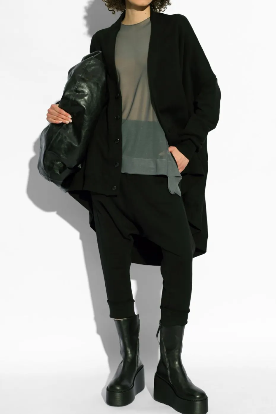 Yohji Yamamoto SZARY T-shirt z dekoracyjnym wykończeniem